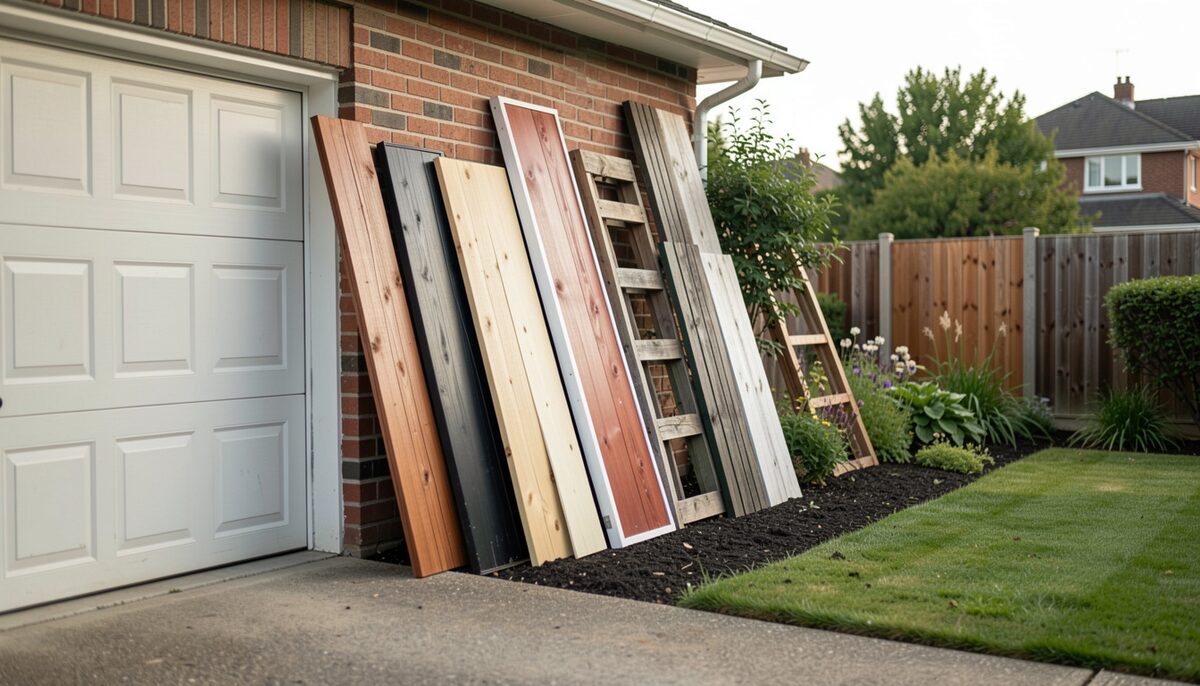 A row of fence panels in different materials leaning against a garage wall in a suburban back garden