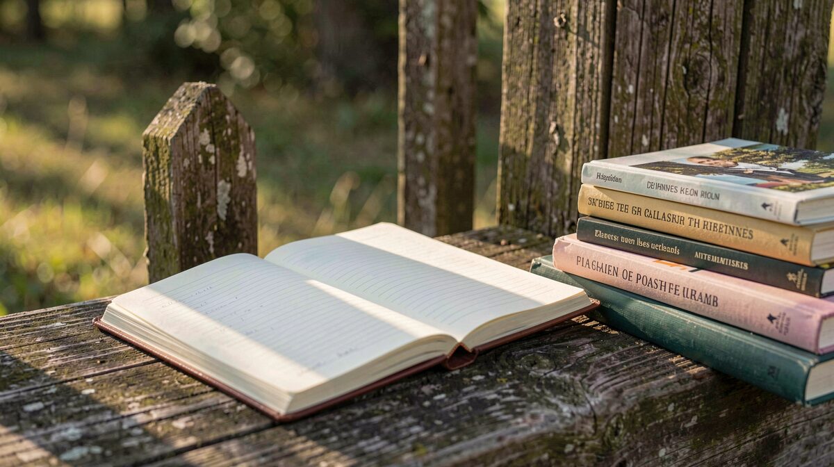 An open notebook beside a fence post in soft morning light, with source books stacked nearby, framed at a low angle.