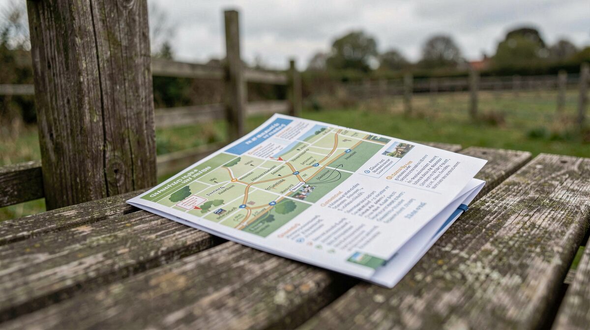 A close up of a folded printed neighbourhood walking guide resting on a wooden garden table beside a fence post, soft overcast daylight, shallow depth of field