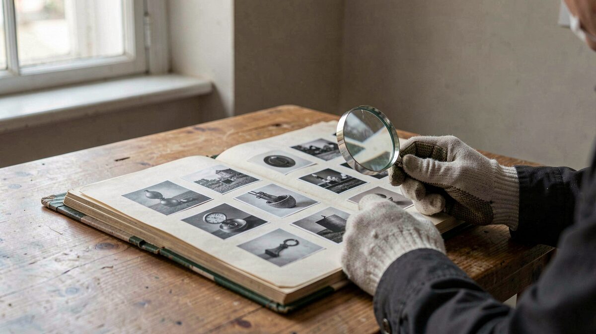 A quiet reading room with an open archive folder of black and white object photographs on a wooden table, soft morning light from a side window, close framing on gloved hands and a magnifying glass.