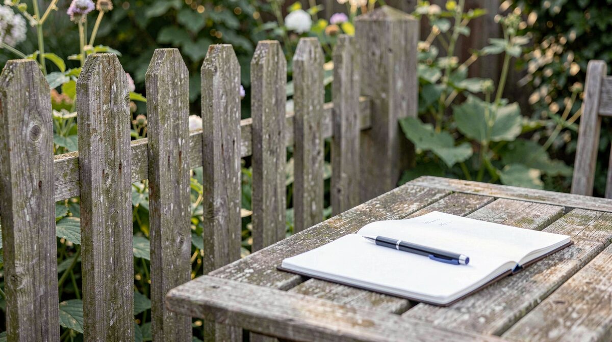 A wooden garden fence panel with a notebook and pen resting on a garden table beside it, in soft late morning light, framed as a close up.
