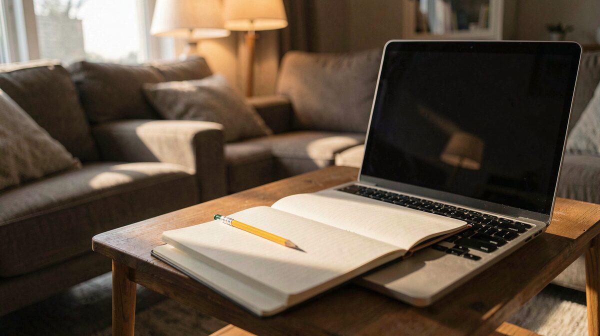 A quiet living room in the early evening, a laptop on a low table with a notebook and pencil beside it, soft lamplight, framed close on the still-open notebook page.