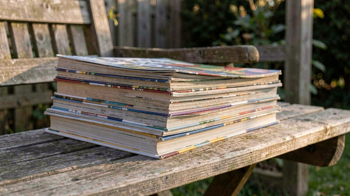 A stack of well-thumbed magazines on a wooden garden table beside a fence panel, late afternoon light, close-up framing.