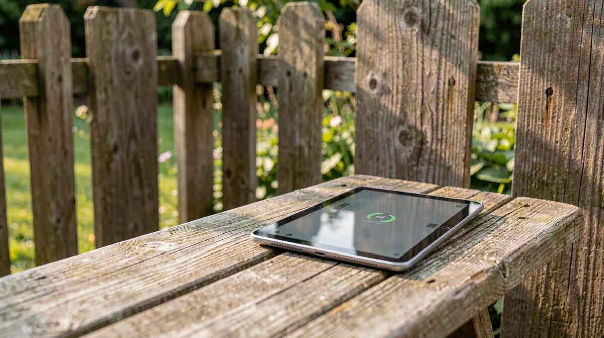 A quiet reading corner with a tablet resting on a wooden garden table beside a low timber fence, soft morning light, close framing on the screen and fence grain.