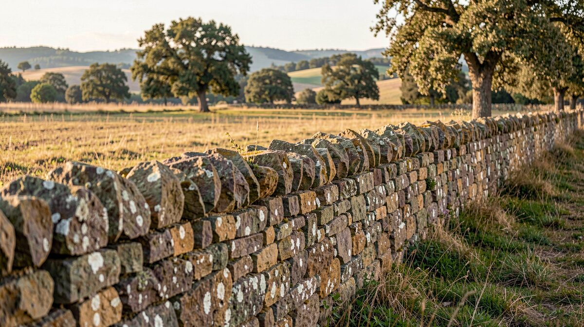 A dry stone field boundary wall in the Rouergue countryside of southern France, photographed in late afternoon light with oak trees and rolling farmland behind, framed low to emphasise the wall's line across the field.