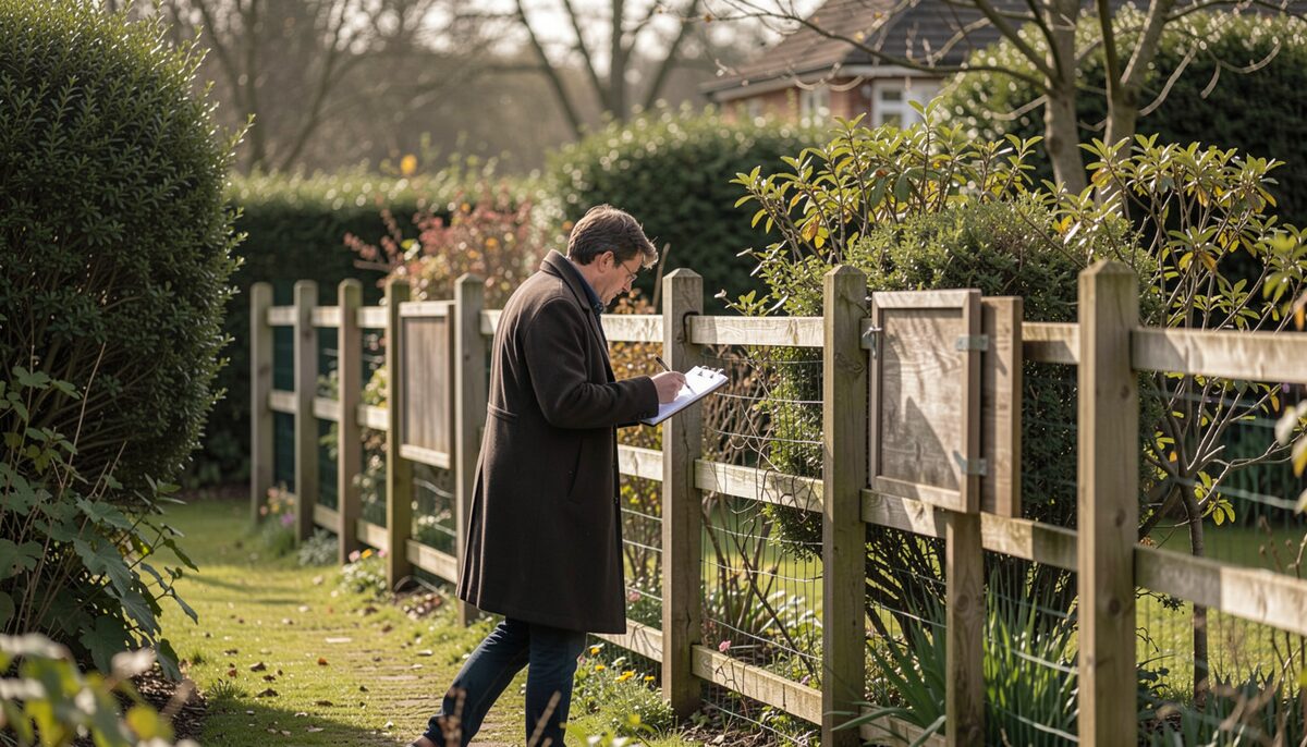 A person in a coat walking along a garden fence with a notepad, checking panels and posts