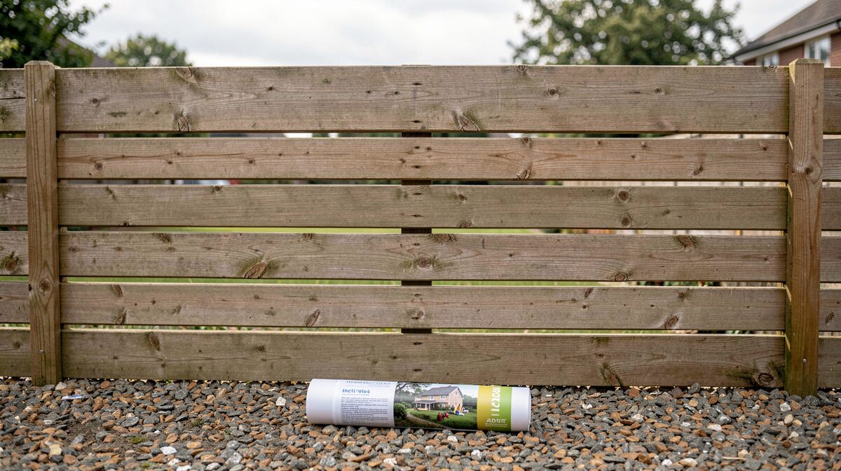 A wooden garden fence panel on a bright overcast afternoon, shot straight on at eye level, with a rolled trade brochure resting on the gravel below