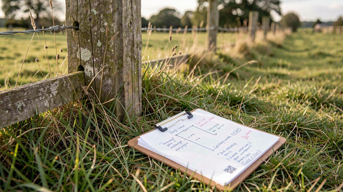 A weathered fence post at the edge of a UK paddock in soft morning light, with a clipboard of dated notes and a hand-drawn boundary sketch resting on the grass beside it, shot from a low angle