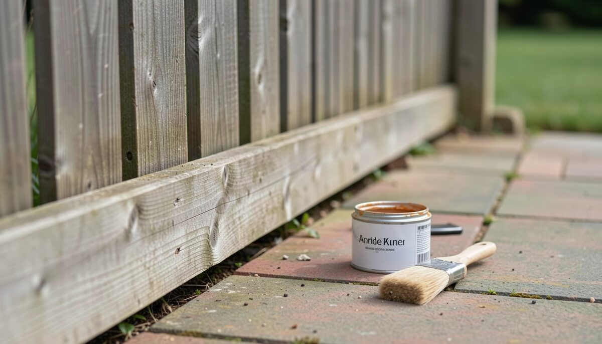 A weathered timber fence panel in close up with a brush and wood stain tin resting on a paving slab
