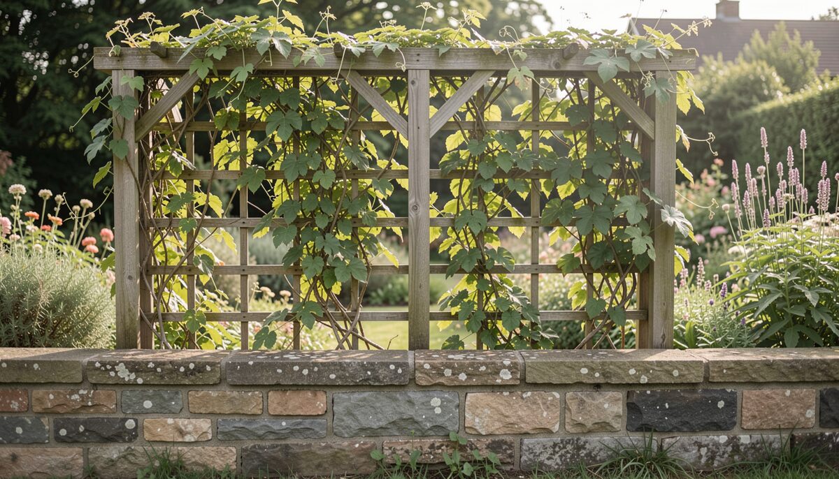A wooden trellis panel with climbing plants growing through it above a low garden wall