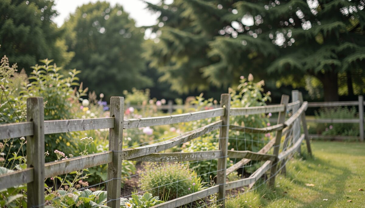 A garden fence bending slightly in strong wind with trees moving in the background